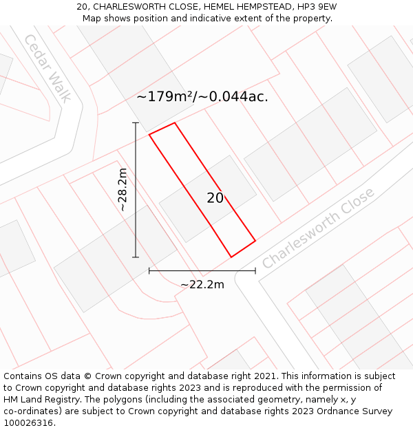 20, CHARLESWORTH CLOSE, HEMEL HEMPSTEAD, HP3 9EW: Plot and title map
