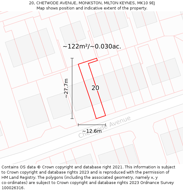 20, CHETWODE AVENUE, MONKSTON, MILTON KEYNES, MK10 9EJ: Plot and title map