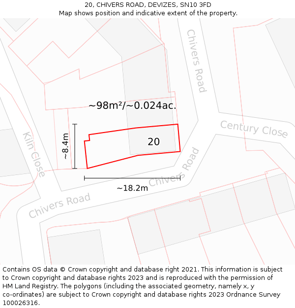 20, CHIVERS ROAD, DEVIZES, SN10 3FD: Plot and title map