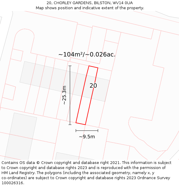 20, CHORLEY GARDENS, BILSTON, WV14 0UA: Plot and title map