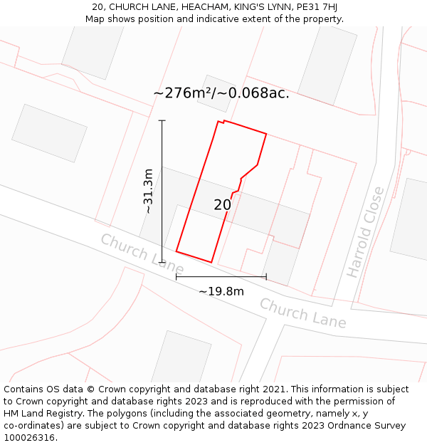 20, CHURCH LANE, HEACHAM, KING'S LYNN, PE31 7HJ: Plot and title map