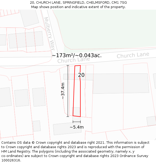 20, CHURCH LANE, SPRINGFIELD, CHELMSFORD, CM1 7SG: Plot and title map