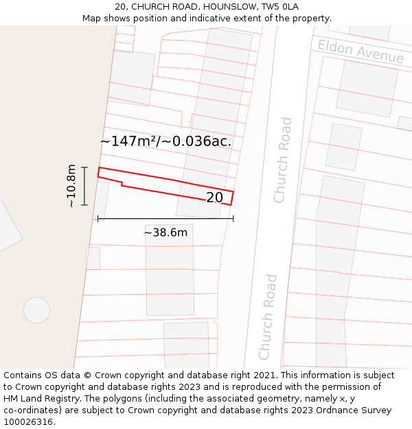 20, CHURCH ROAD, HOUNSLOW, TW5 0LA: Plot and title map