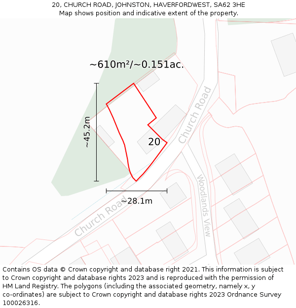 20, CHURCH ROAD, JOHNSTON, HAVERFORDWEST, SA62 3HE: Plot and title map
