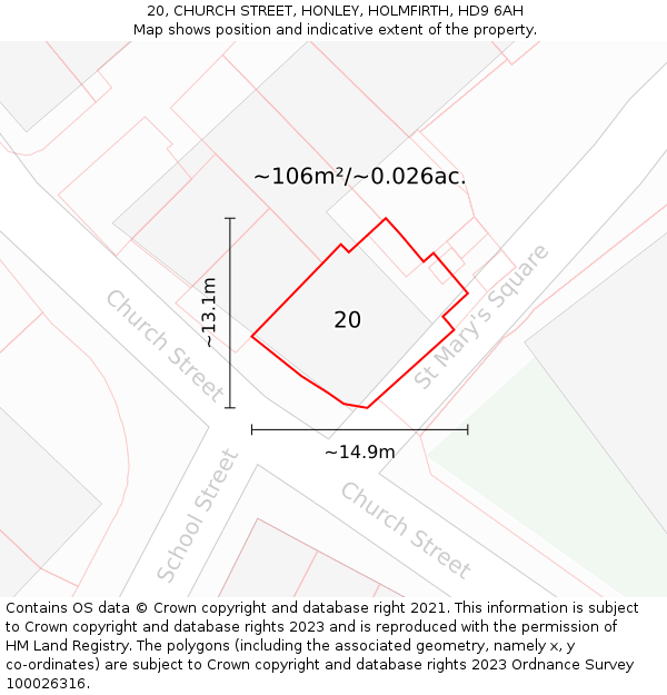 20, CHURCH STREET, HONLEY, HOLMFIRTH, HD9 6AH: Plot and title map