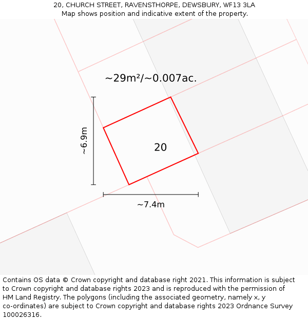 20, CHURCH STREET, RAVENSTHORPE, DEWSBURY, WF13 3LA: Plot and title map