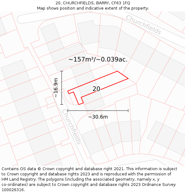20, CHURCHFIELDS, BARRY, CF63 1FQ: Plot and title map