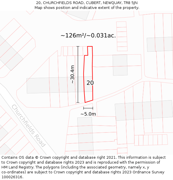 20, CHURCHFIELDS ROAD, CUBERT, NEWQUAY, TR8 5JN: Plot and title map