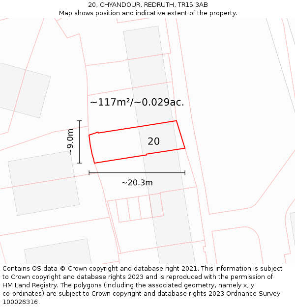20, CHYANDOUR, REDRUTH, TR15 3AB: Plot and title map