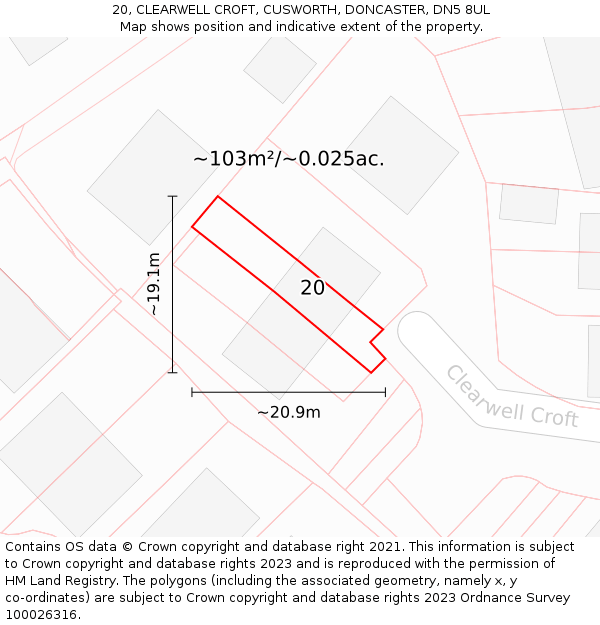 20, CLEARWELL CROFT, CUSWORTH, DONCASTER, DN5 8UL: Plot and title map