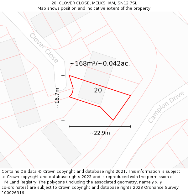 20, CLOVER CLOSE, MELKSHAM, SN12 7SL: Plot and title map