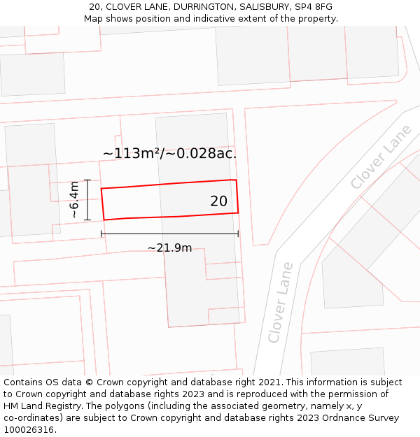 20, CLOVER LANE, DURRINGTON, SALISBURY, SP4 8FG: Plot and title map