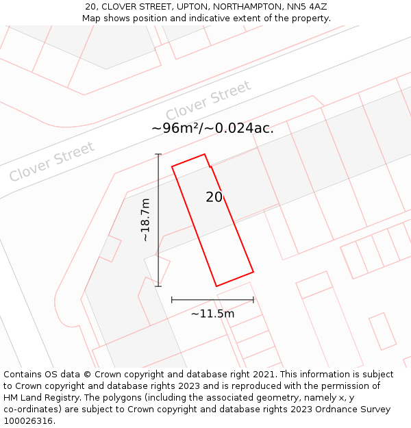 20, CLOVER STREET, UPTON, NORTHAMPTON, NN5 4AZ: Plot and title map