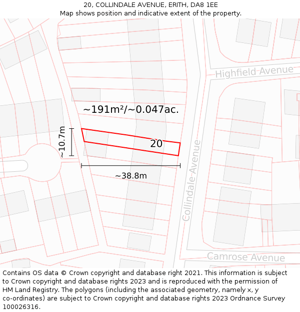 20, COLLINDALE AVENUE, ERITH, DA8 1EE: Plot and title map