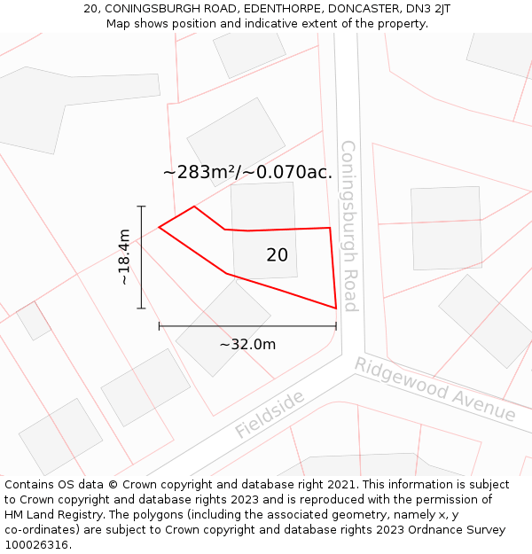 20, CONINGSBURGH ROAD, EDENTHORPE, DONCASTER, DN3 2JT: Plot and title map