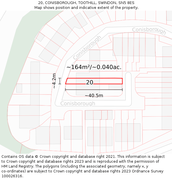 20, CONISBOROUGH, TOOTHILL, SWINDON, SN5 8ES: Plot and title map