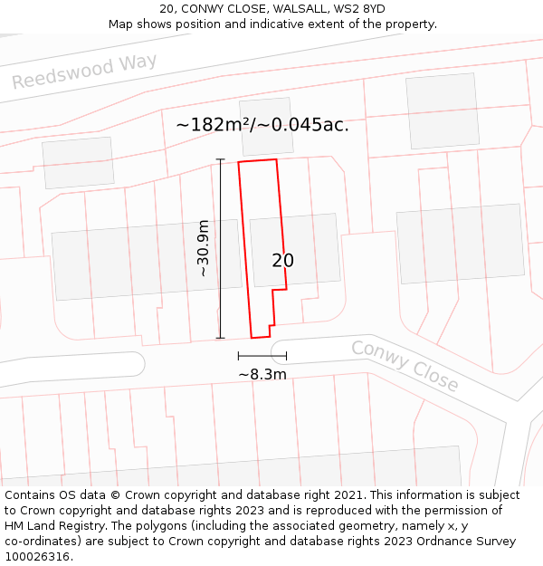 20, CONWY CLOSE, WALSALL, WS2 8YD: Plot and title map