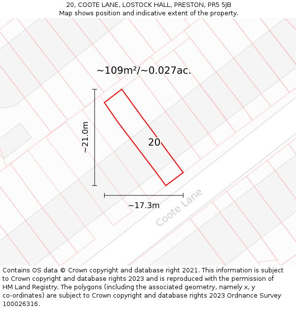 20, COOTE LANE, LOSTOCK HALL, PRESTON, PR5 5JB: Plot and title map