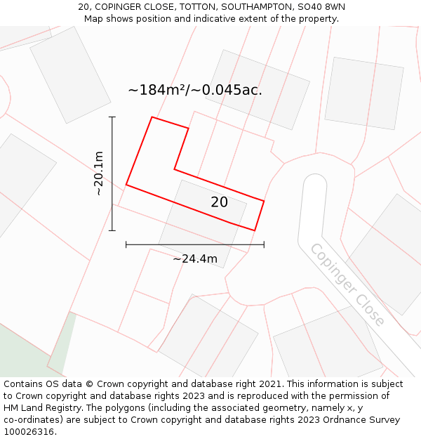 20, COPINGER CLOSE, TOTTON, SOUTHAMPTON, SO40 8WN: Plot and title map