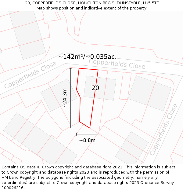 20, COPPERFIELDS CLOSE, HOUGHTON REGIS, DUNSTABLE, LU5 5TE: Plot and title map
