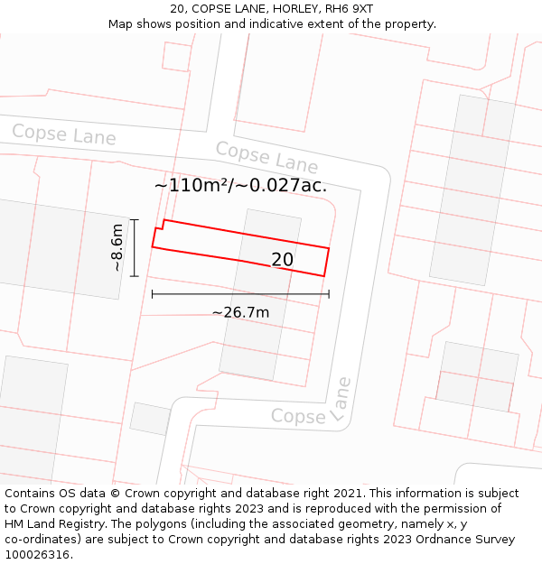 20, COPSE LANE, HORLEY, RH6 9XT: Plot and title map
