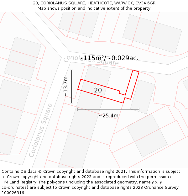 20, CORIOLANUS SQUARE, HEATHCOTE, WARWICK, CV34 6GR: Plot and title map