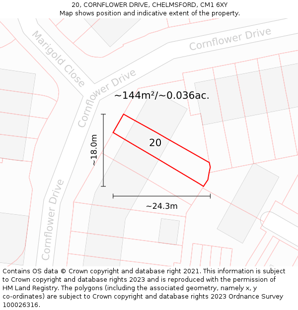 20, CORNFLOWER DRIVE, CHELMSFORD, CM1 6XY: Plot and title map