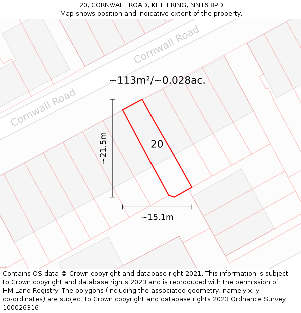 20, CORNWALL ROAD, KETTERING, NN16 8PD: Plot and title map