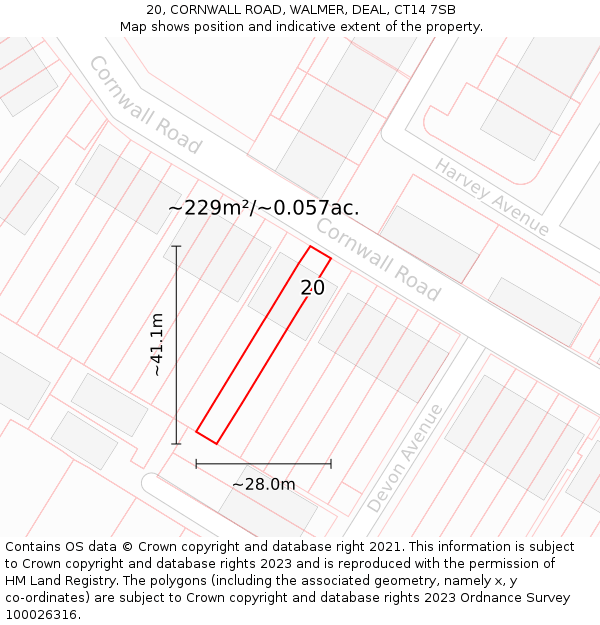 20, CORNWALL ROAD, WALMER, DEAL, CT14 7SB: Plot and title map