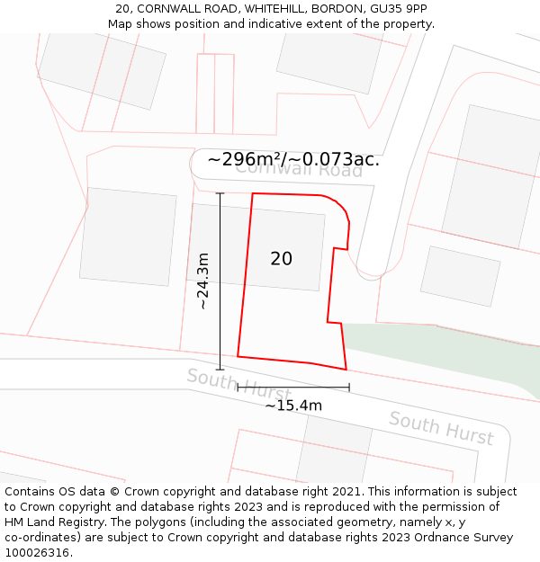 20, CORNWALL ROAD, WHITEHILL, BORDON, GU35 9PP: Plot and title map