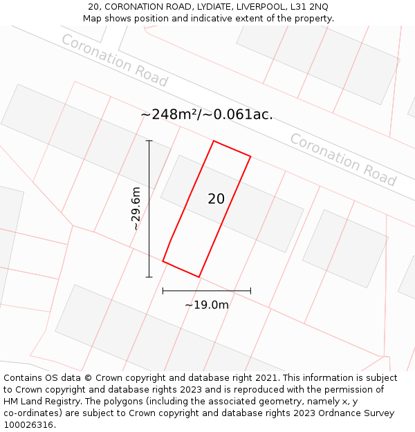 20, CORONATION ROAD, LYDIATE, LIVERPOOL, L31 2NQ: Plot and title map