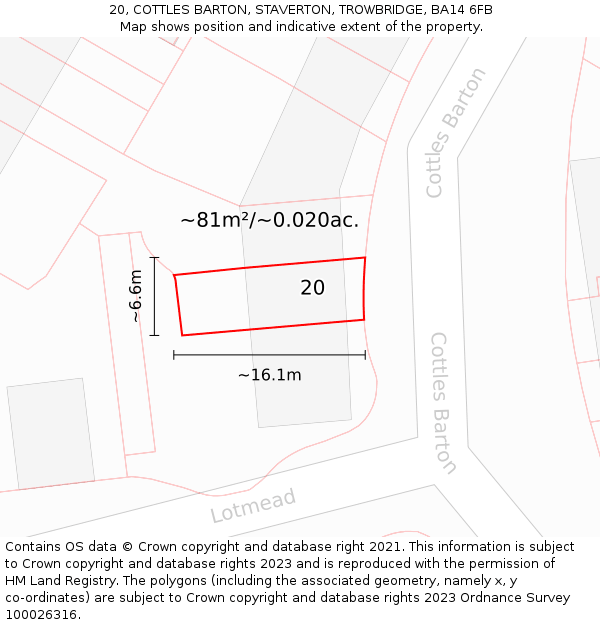 20, COTTLES BARTON, STAVERTON, TROWBRIDGE, BA14 6FB: Plot and title map
