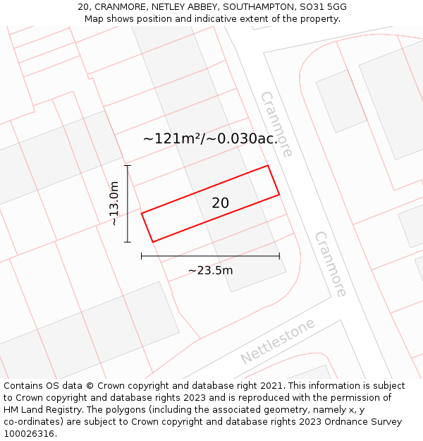 20, CRANMORE, NETLEY ABBEY, SOUTHAMPTON, SO31 5GG: Plot and title map