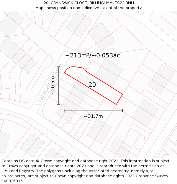 20, CRANSWICK CLOSE, BILLINGHAM, TS23 3NH: Plot and title map