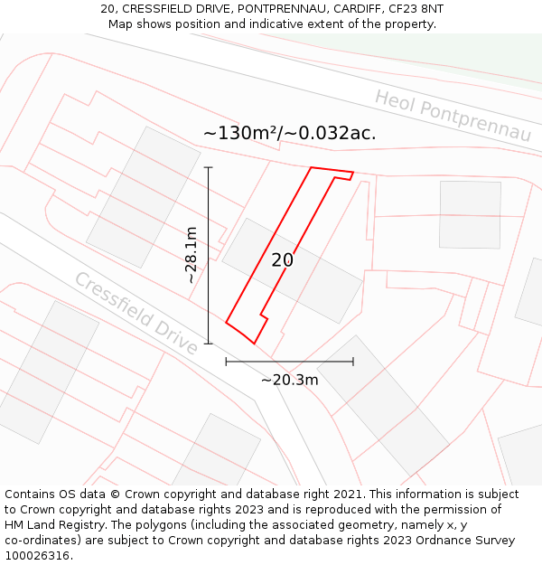 20, CRESSFIELD DRIVE, PONTPRENNAU, CARDIFF, CF23 8NT: Plot and title map