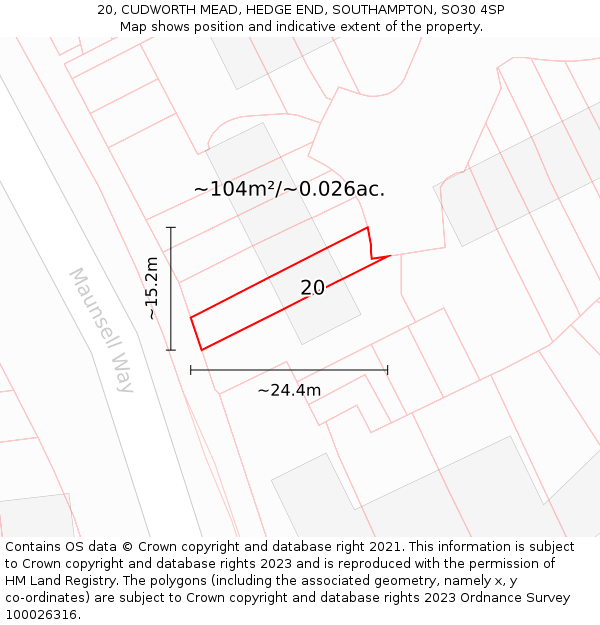 20, CUDWORTH MEAD, HEDGE END, SOUTHAMPTON, SO30 4SP: Plot and title map