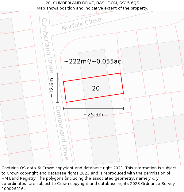 20, CUMBERLAND DRIVE, BASILDON, SS15 6QS: Plot and title map