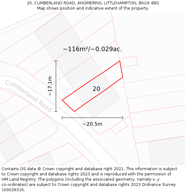 20, CUMBERLAND ROAD, ANGMERING, LITTLEHAMPTON, BN16 4BG: Plot and title map