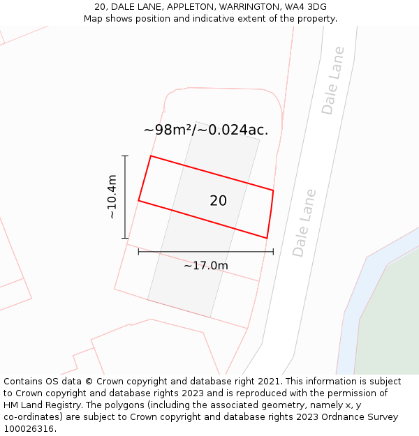 20, DALE LANE, APPLETON, WARRINGTON, WA4 3DG: Plot and title map
