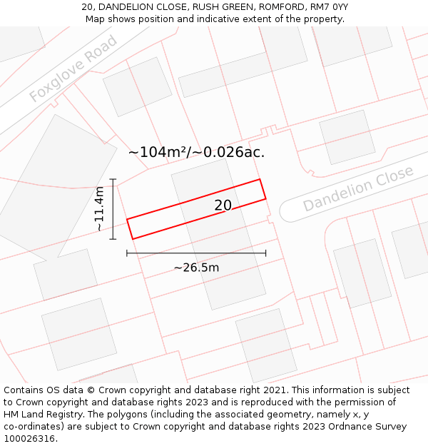 20, DANDELION CLOSE, RUSH GREEN, ROMFORD, RM7 0YY: Plot and title map