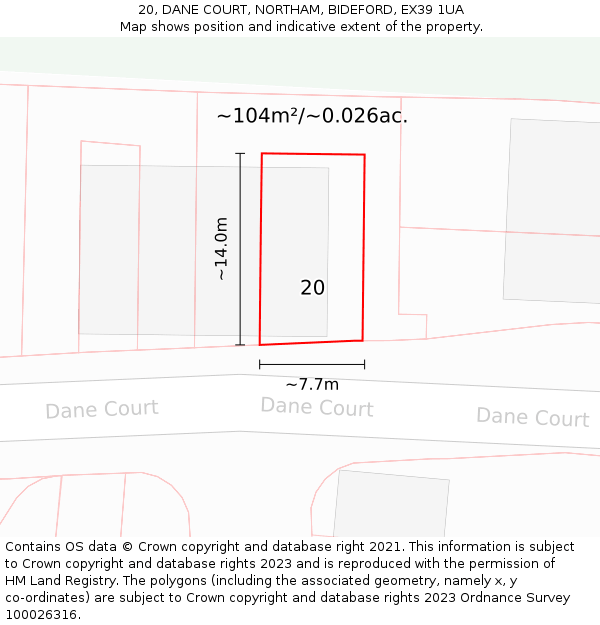 20, DANE COURT, NORTHAM, BIDEFORD, EX39 1UA: Plot and title map