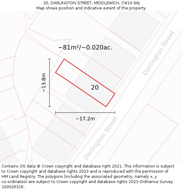 20, DARLINGTON STREET, MIDDLEWICH, CW10 9AJ: Plot and title map