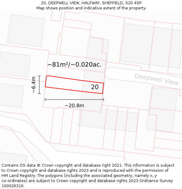 20, DEEPWELL VIEW, HALFWAY, SHEFFIELD, S20 4SP: Plot and title map