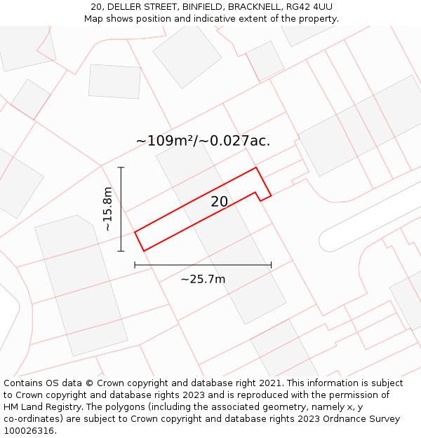 20, DELLER STREET, BINFIELD, BRACKNELL, RG42 4UU: Plot and title map