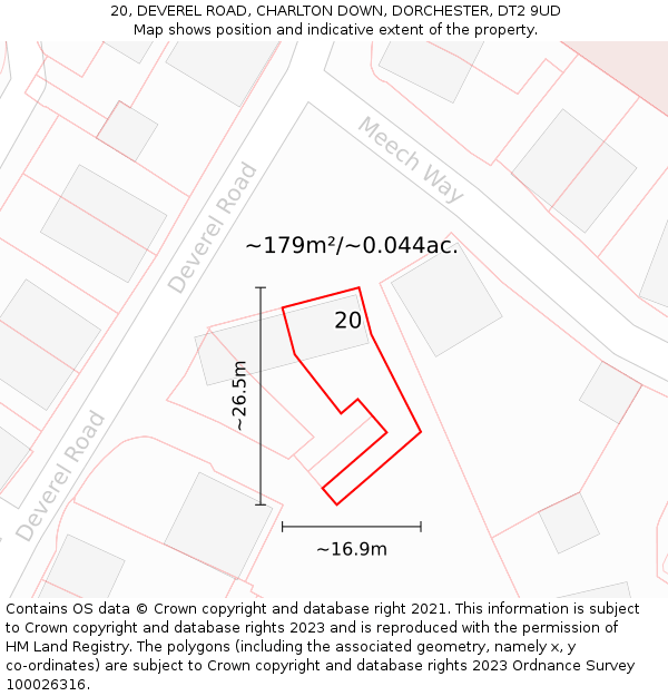 20, DEVEREL ROAD, CHARLTON DOWN, DORCHESTER, DT2 9UD: Plot and title map
