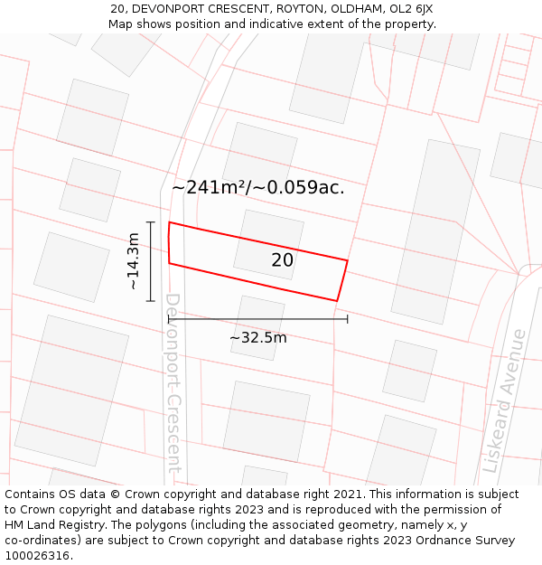 20, DEVONPORT CRESCENT, ROYTON, OLDHAM, OL2 6JX: Plot and title map