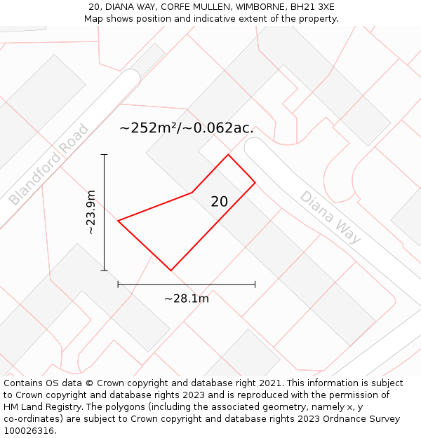 20, DIANA WAY, CORFE MULLEN, WIMBORNE, BH21 3XE: Plot and title map