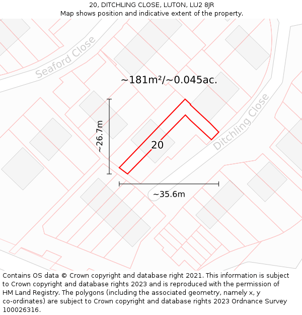 20, DITCHLING CLOSE, LUTON, LU2 8JR: Plot and title map