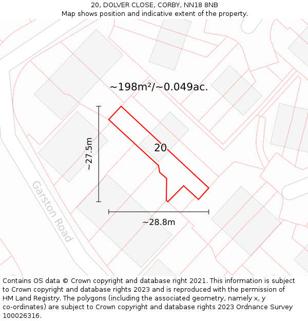 20, DOLVER CLOSE, CORBY, NN18 8NB: Plot and title map