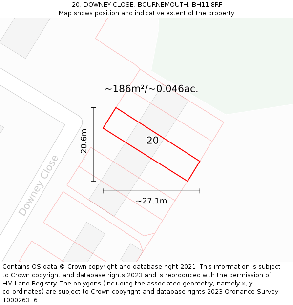 20, DOWNEY CLOSE, BOURNEMOUTH, BH11 8RF: Plot and title map